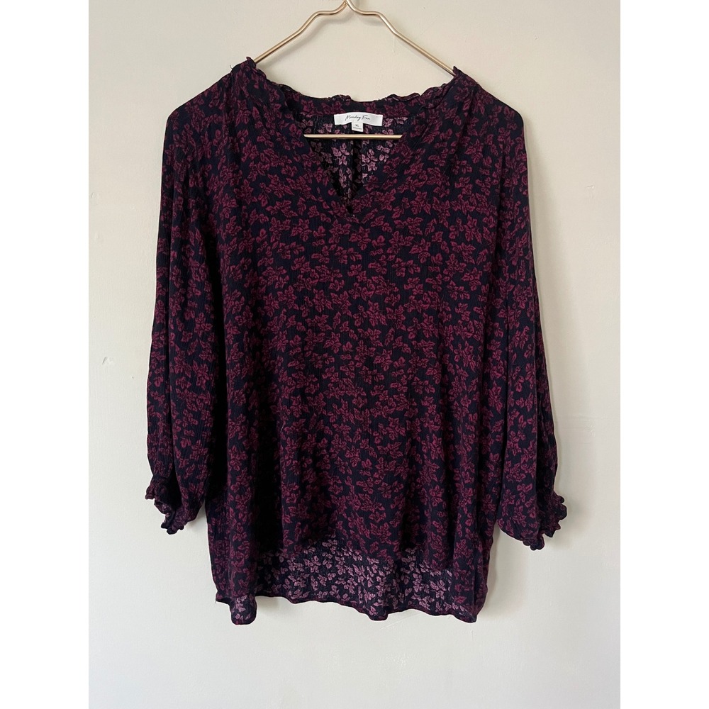 Monday Fun Women XL Floral V-Neck Ruffle Blouse Burgundy Navy Rayon FT62841-5